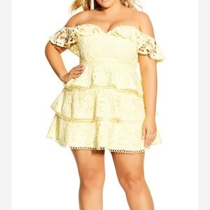 City Chic angel gem Off-Shoulder Lace Tiered Mini Dress Light Yellow buttercup